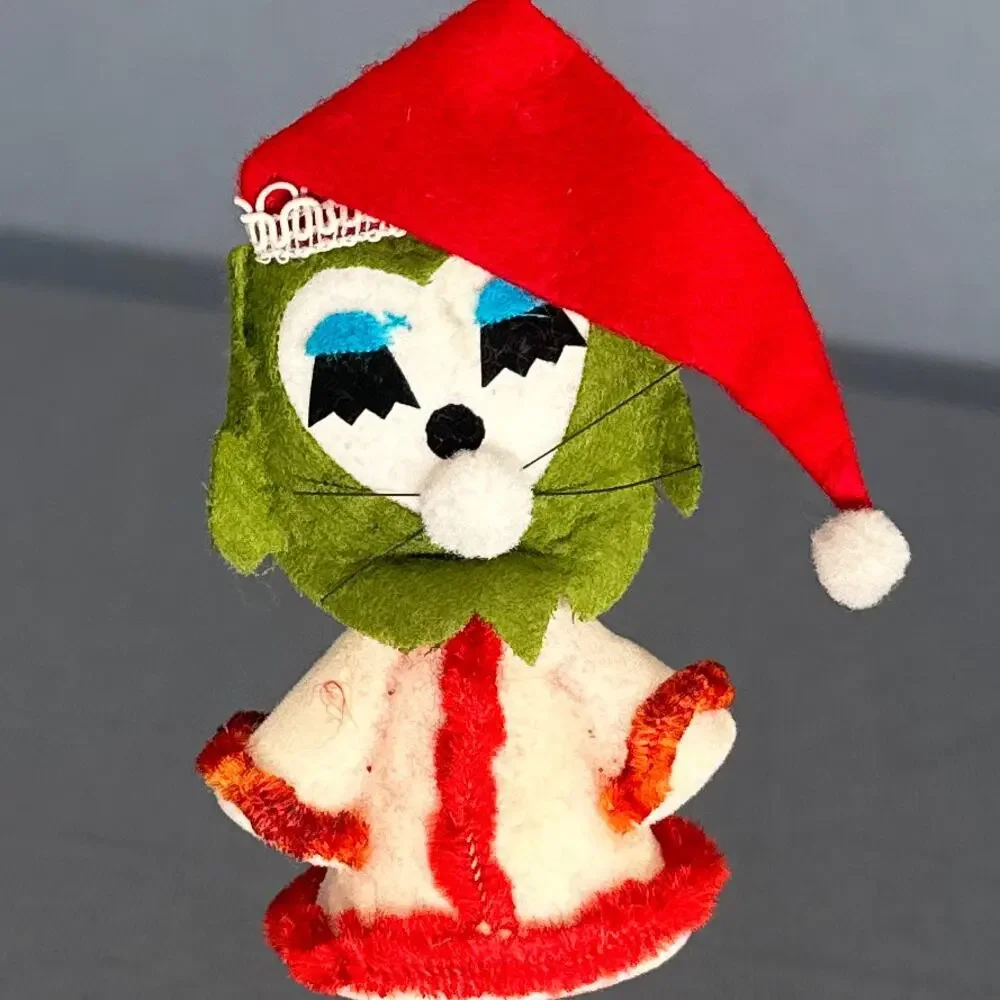 10 VTG 1950s Flocked Felt Christmas Ornaments Mice Cat Snowmen Santa MCM Kitschy